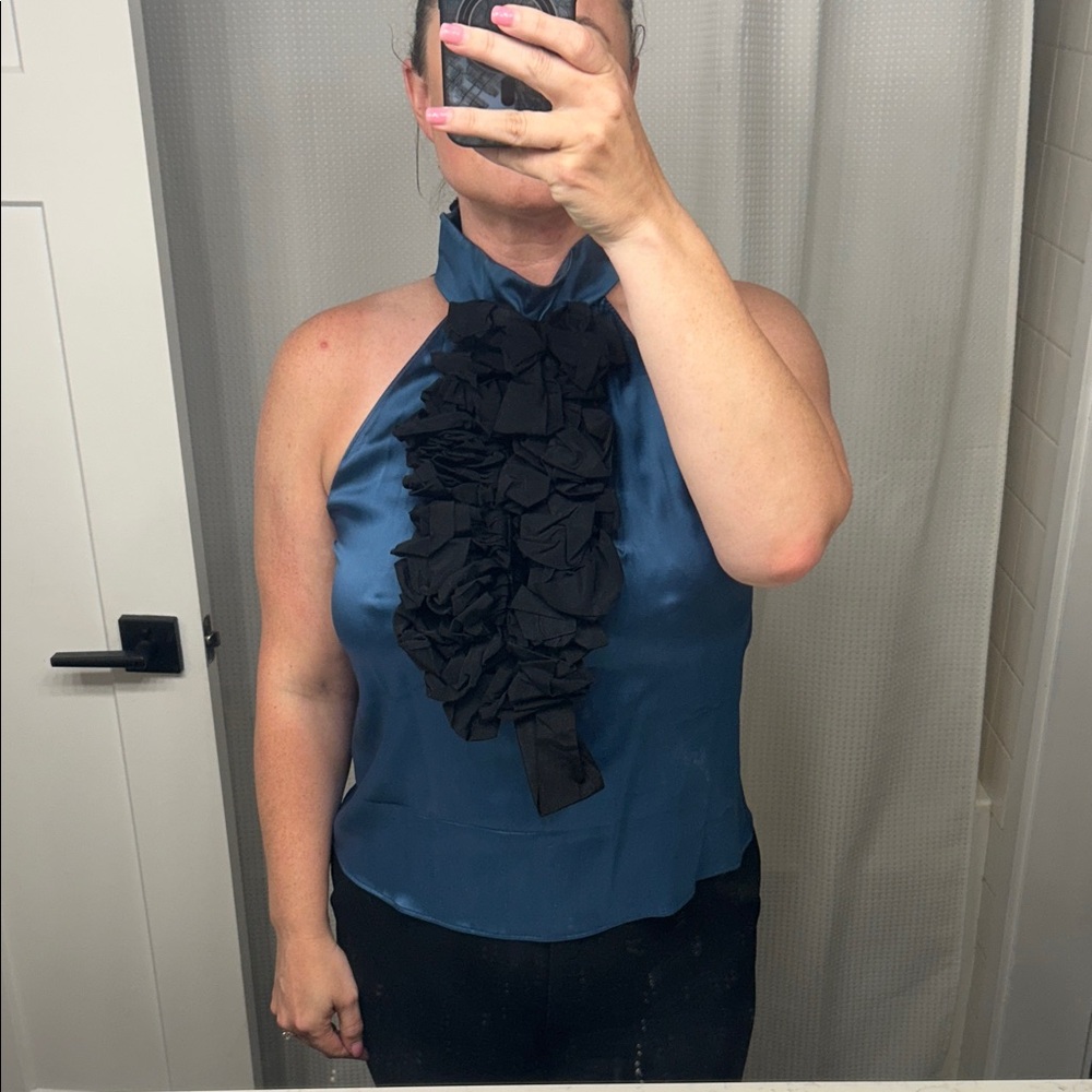 Etro Blue Satin Halter Top with Black Ruffle